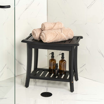 Tucker 22.1" Traditional Classic Slatted Solid Acacia Wood Indoor/Outdoor Shower Bench with Shelf and Handle